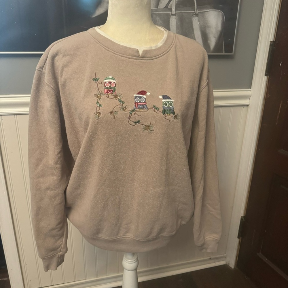 Hasting & Smith Tan Sweatshirt Embroidered Trio Of Owls Size XL